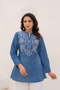 Juniper Blue Solid Cotton Tunic With Thread Work & Buttons