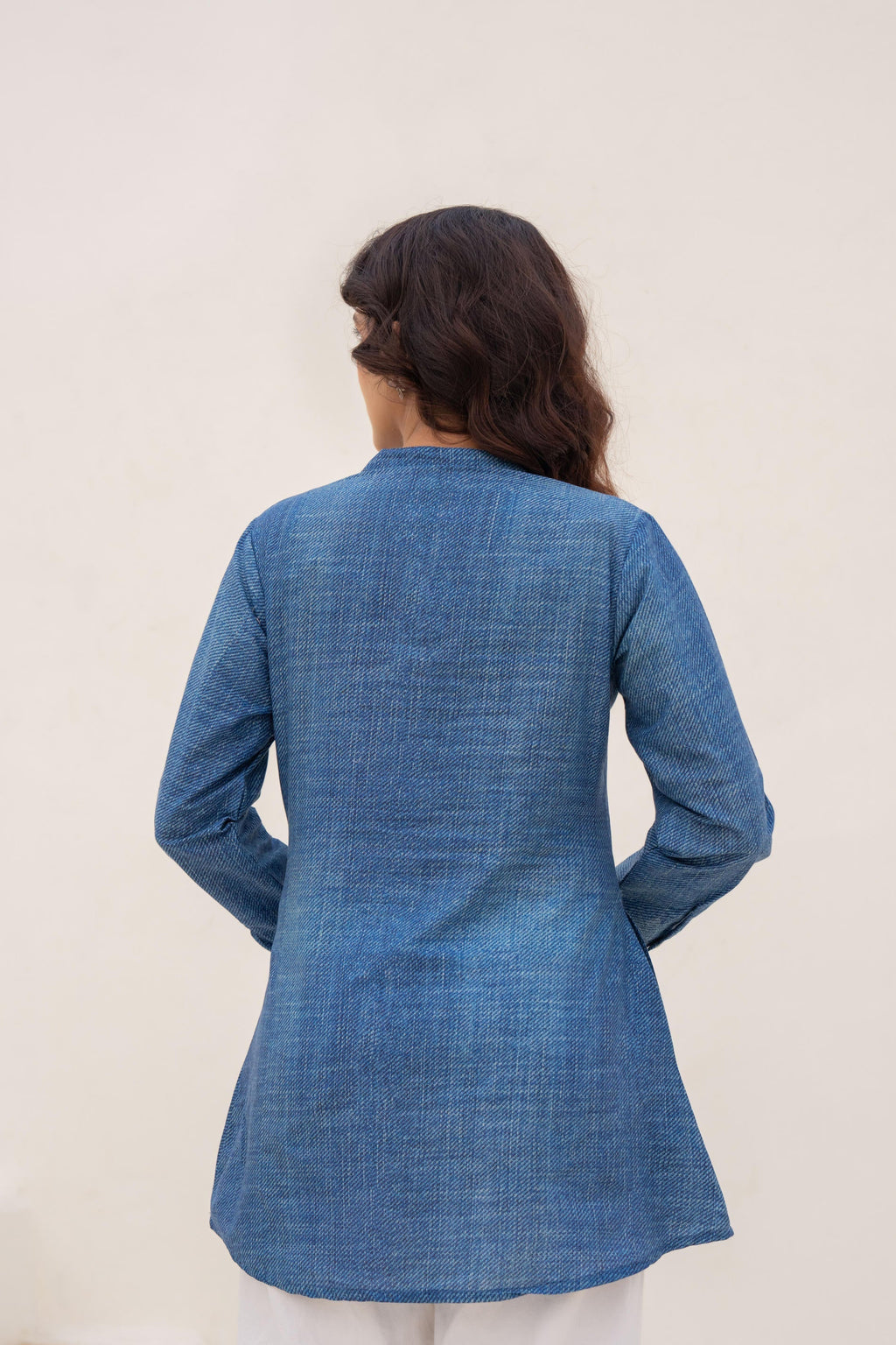Juniper Blue Solid Cotton Tunic With Thread Work And Buttons