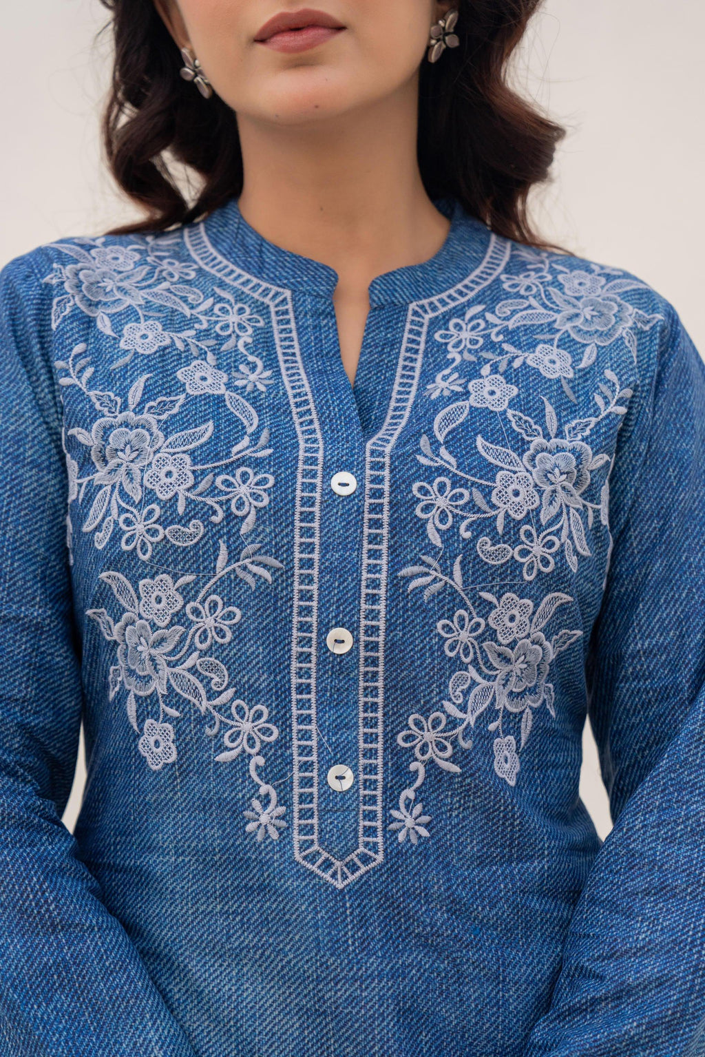 Juniper Blue Solid Cotton Tunic With Thread Work And Buttons