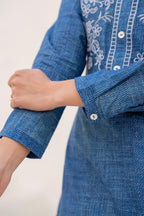 Juniper Blue Solid Cotton Tunic With Thread Work And Buttons