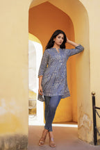 Juniper Blue Ethnic Motif Printed Viscose Tunic With Buttons