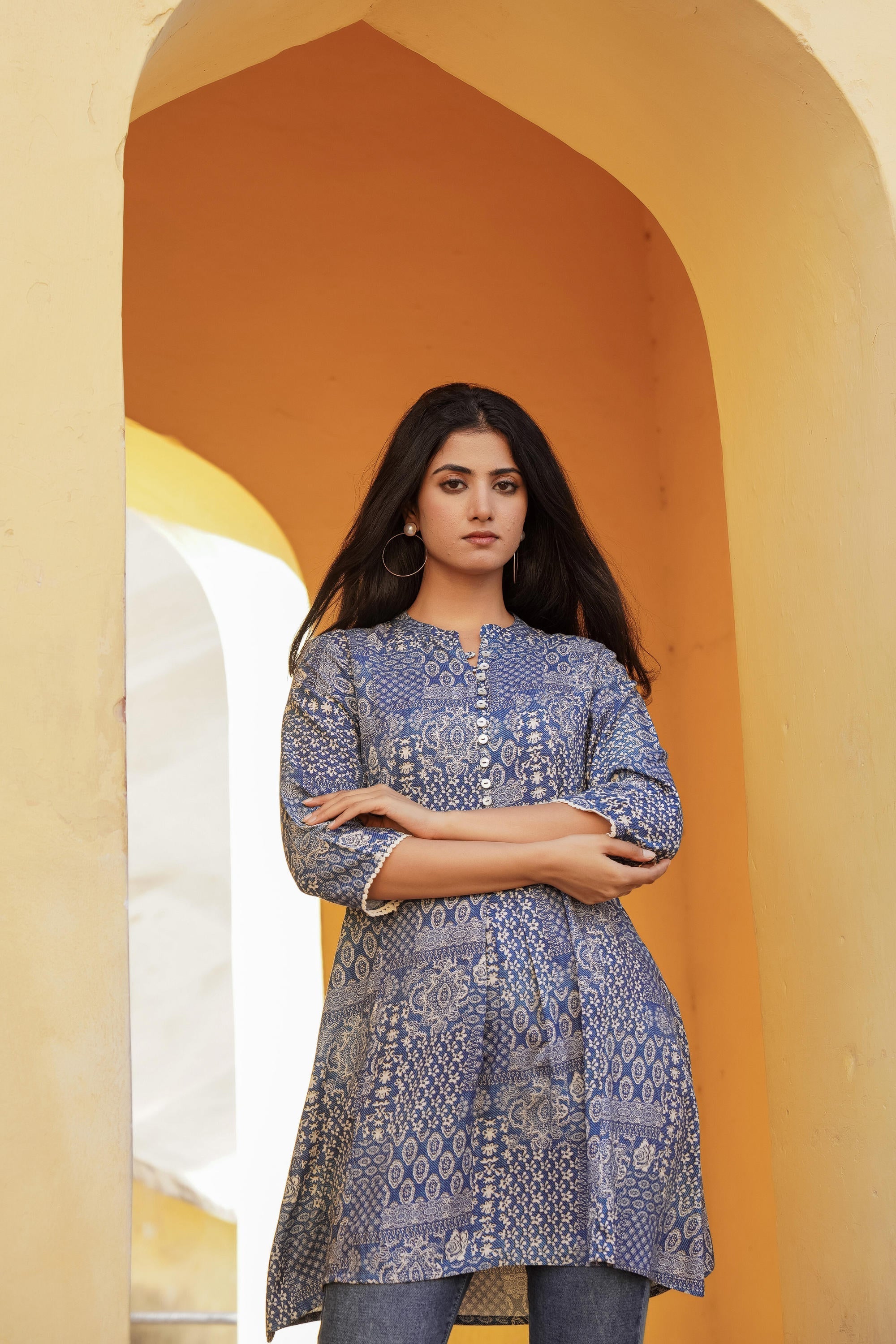Juniper Blue Ethnic Motif Printed Viscose Tunic With Buttons