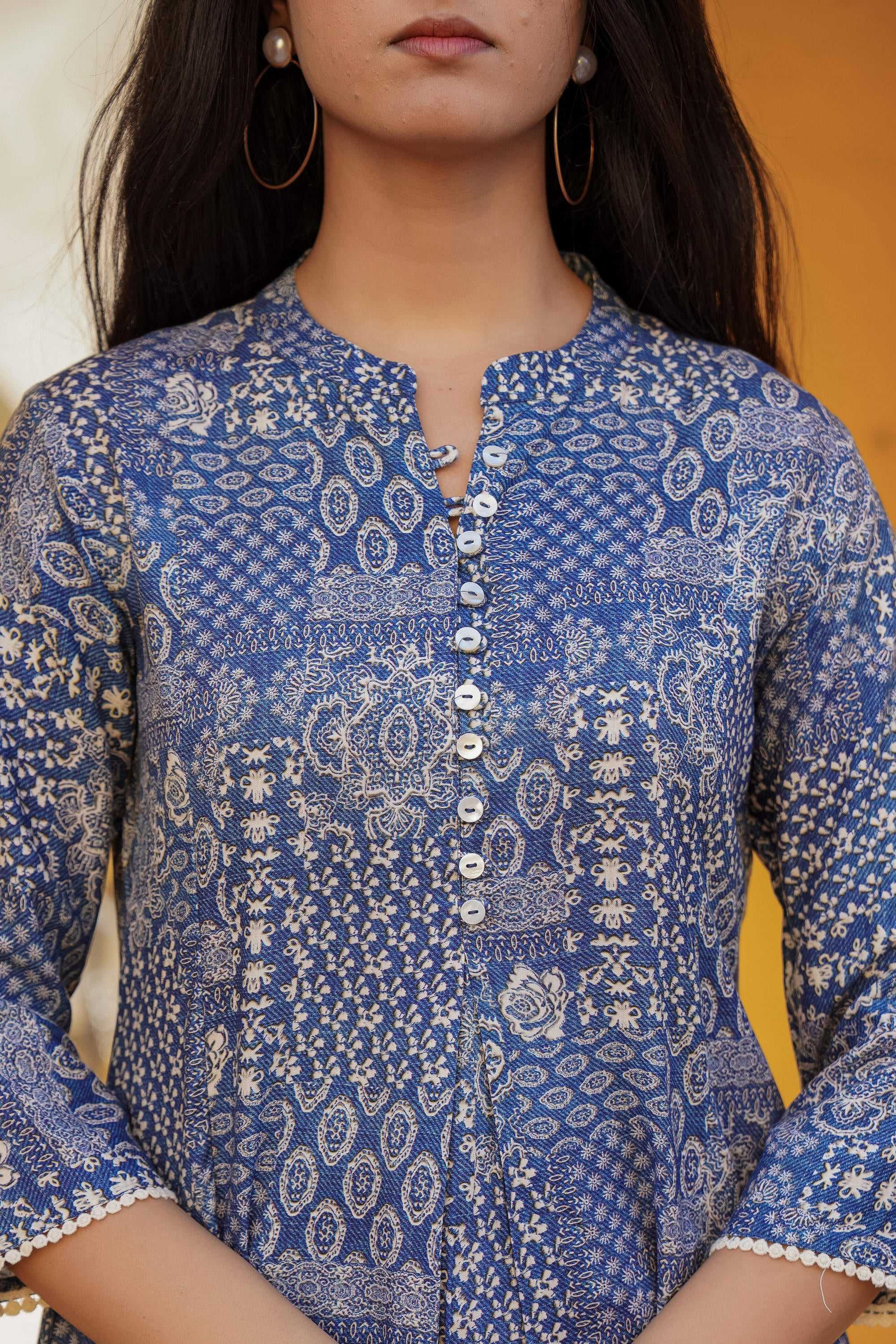Juniper Blue Ethnic Motif Printed Viscose Tunic With Buttons