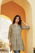 Juniper Green Ethnic Motif Printed Viscose Tunic With Buttons