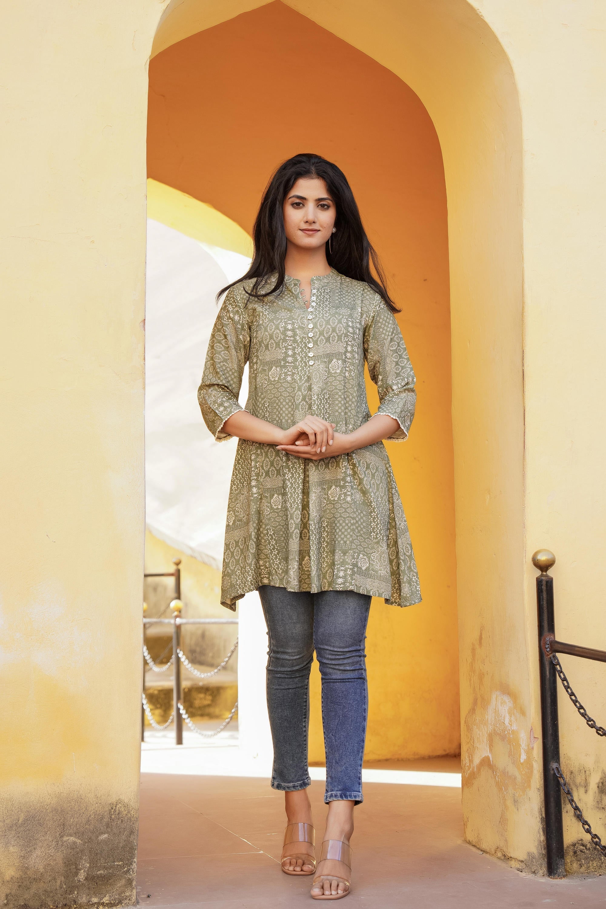 Juniper Green Ethnic Motif Printed Viscose Tunic With Buttons
