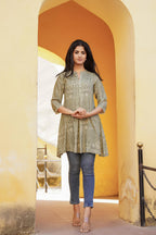 Juniper Green Ethnic Motif Printed Viscose Tunic With Buttons