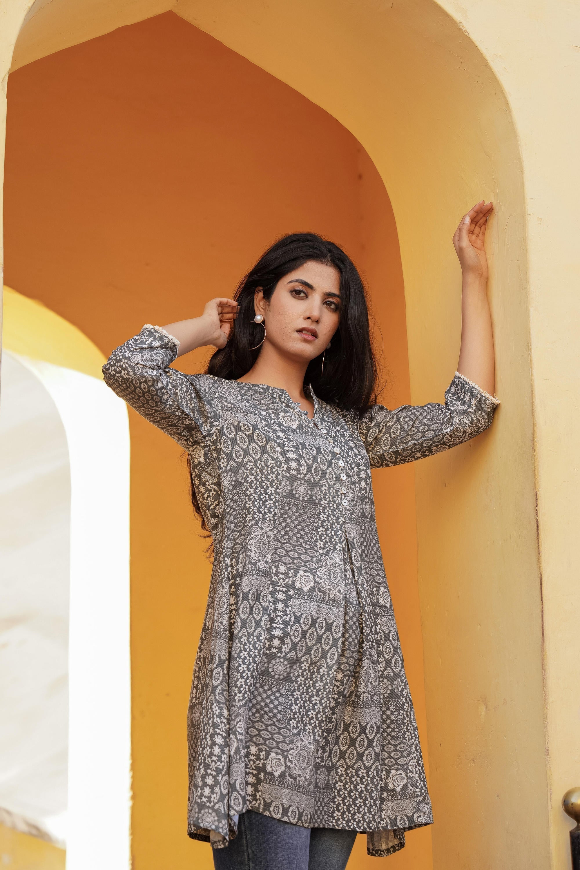Juniper Grey Ethnic Motif Printed Viscose Tunic With Buttons