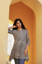 Juniper Grey Ethnic Motif Printed Viscose Tunic With Buttons