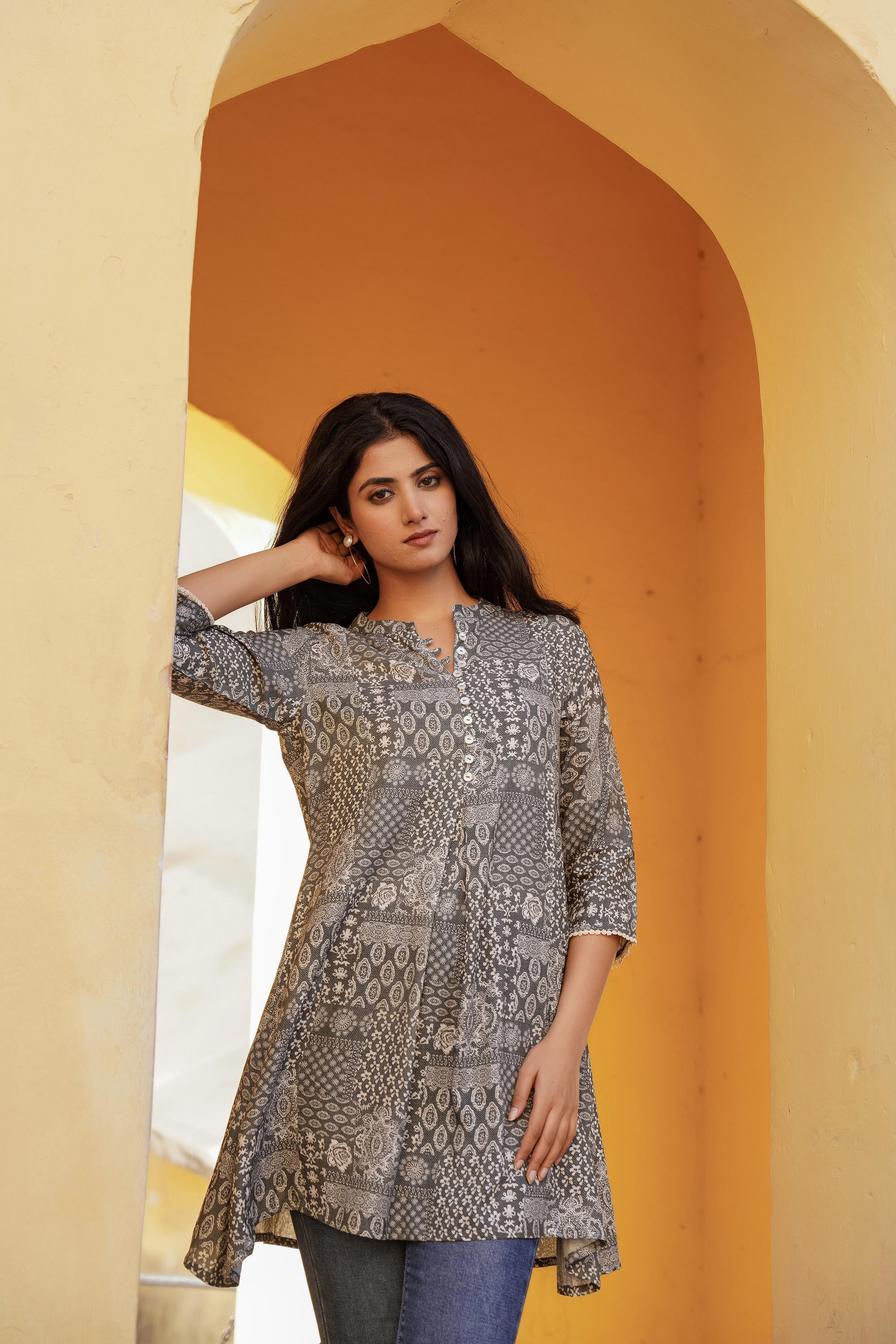 Juniper Grey Ethnic Motif Printed Viscose Tunic With Buttons