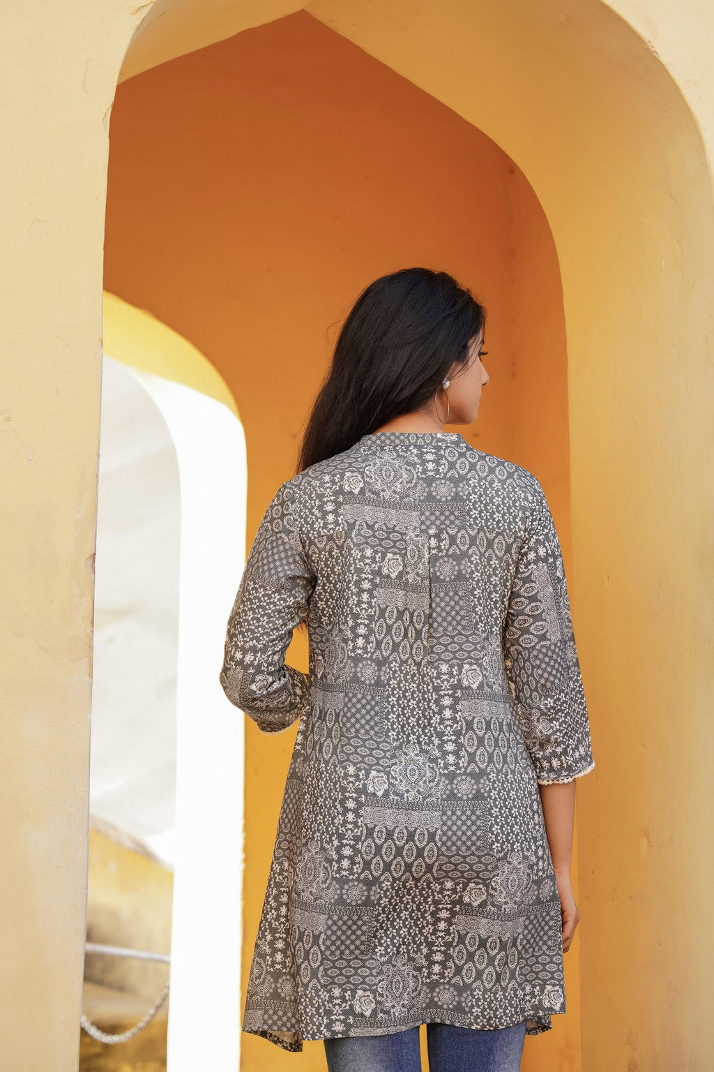 Juniper Grey Ethnic Motif Printed Viscose Tunic With Buttons