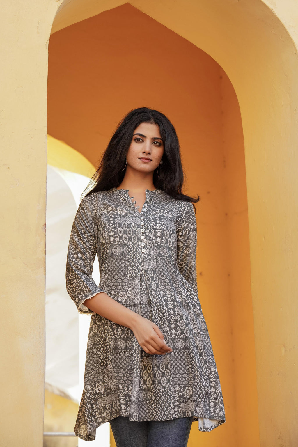 Juniper Grey Ethnic Motif Printed Viscose Tunic With Buttons