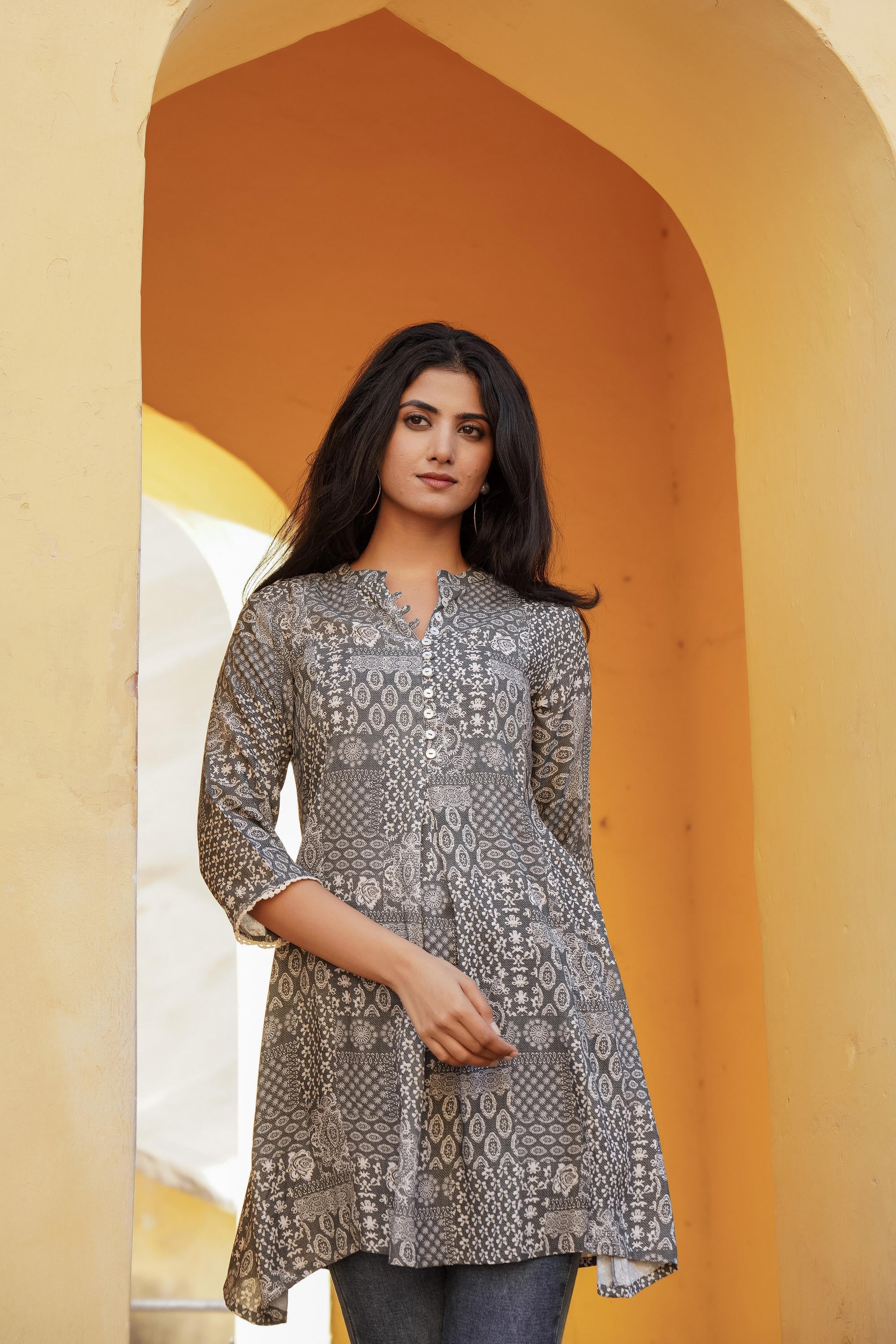 Juniper Grey Ethnic Motif Printed Viscose Tunic With Buttons