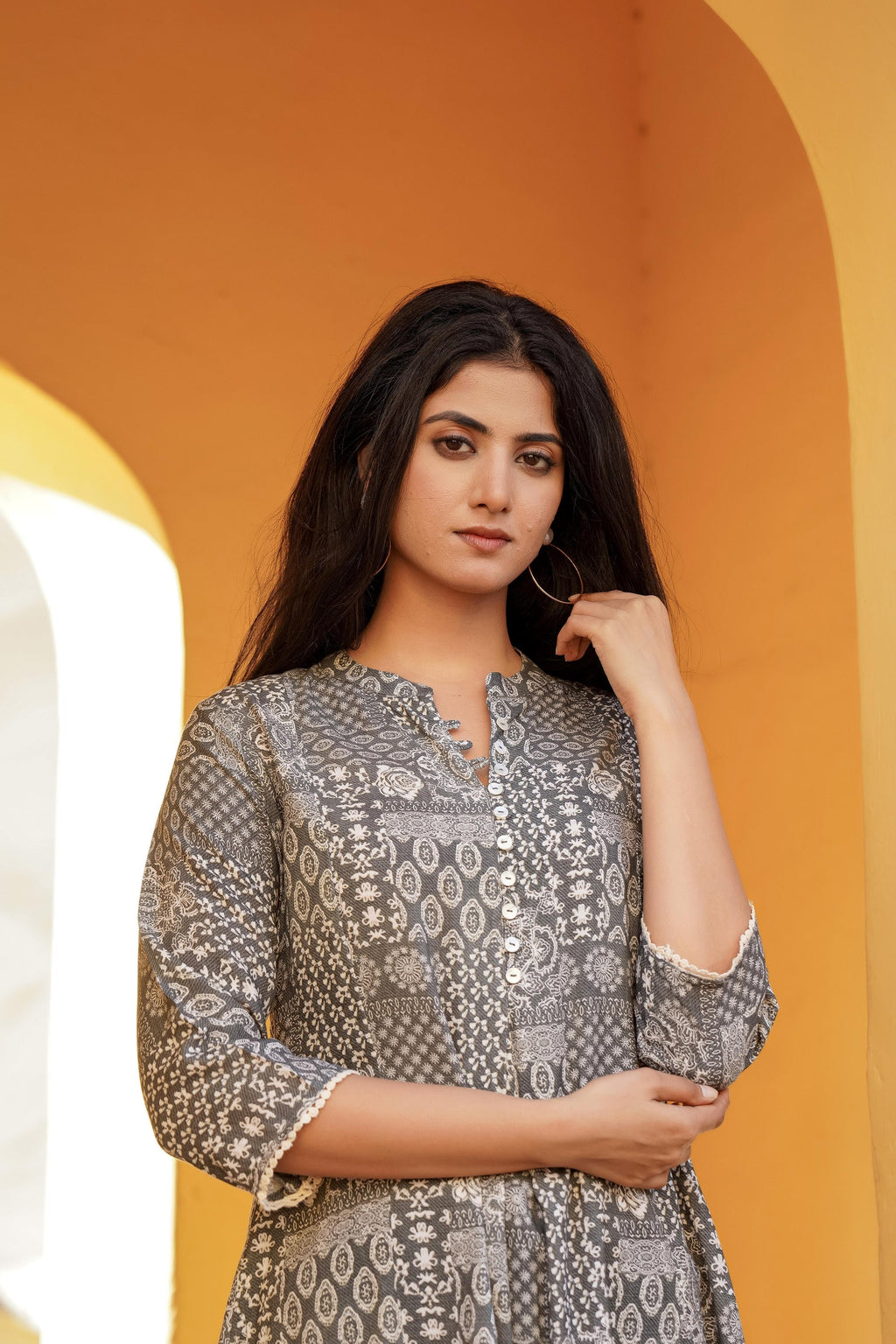 Juniper Grey Ethnic Motif Printed Viscose Tunic With Buttons