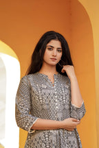 Juniper Grey Ethnic Motif Printed Viscose Tunic With Buttons