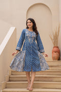 Juniper Blue Printed Cotton Dress With Lace & Buttons - Distacart