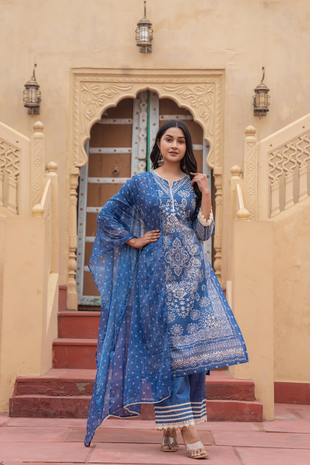 Juniper Indigo Blue Bloom Ethnic Print Straight Kurta Set With Dupatta - Distacart