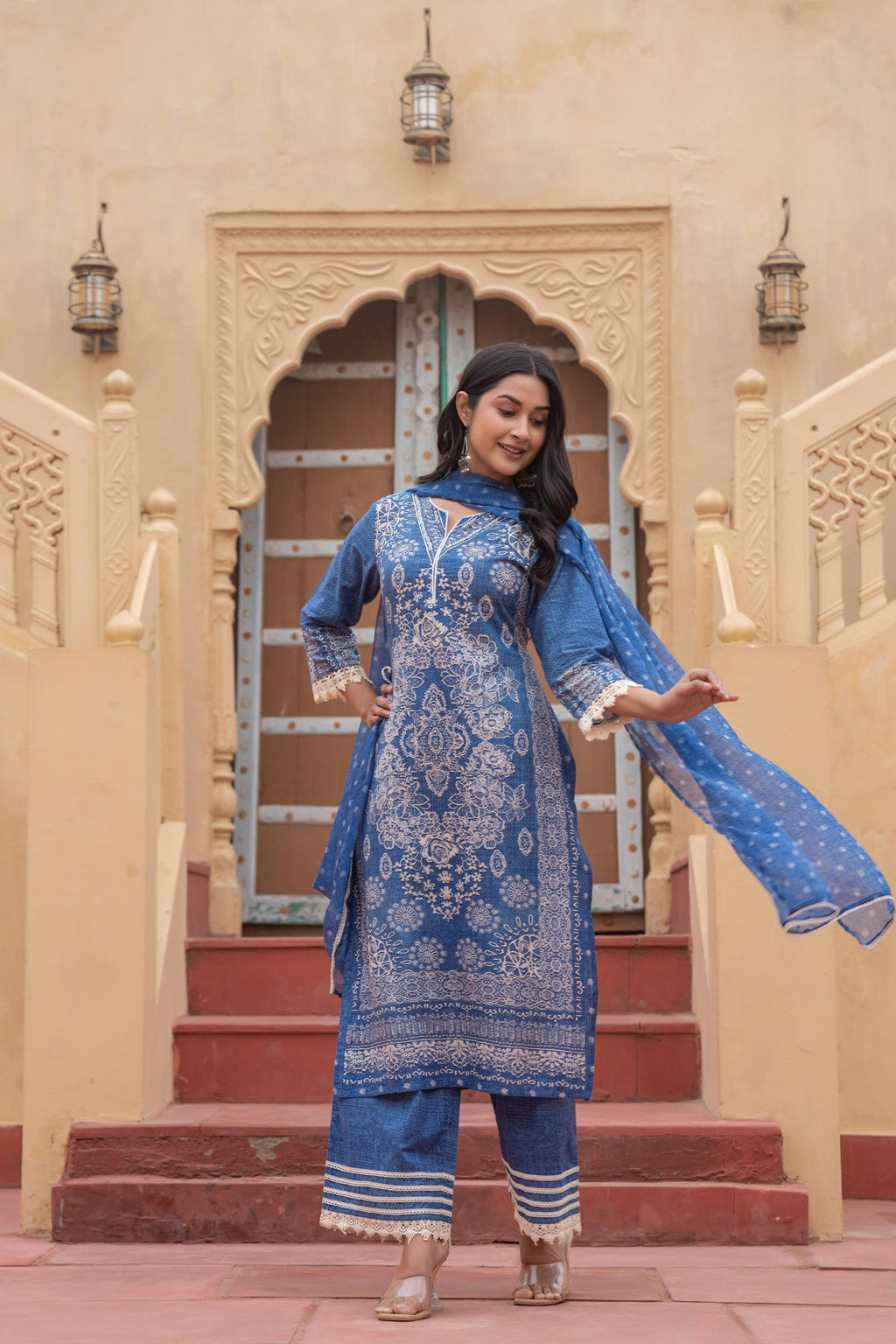 Juniper Indigo Blue Bloom Ethnic Print Straight Kurta Set With Dupatta - Distacart