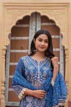 Juniper Indigo Blue Bloom Ethnic Print Straight Kurta Set With Dupatta - Distacart