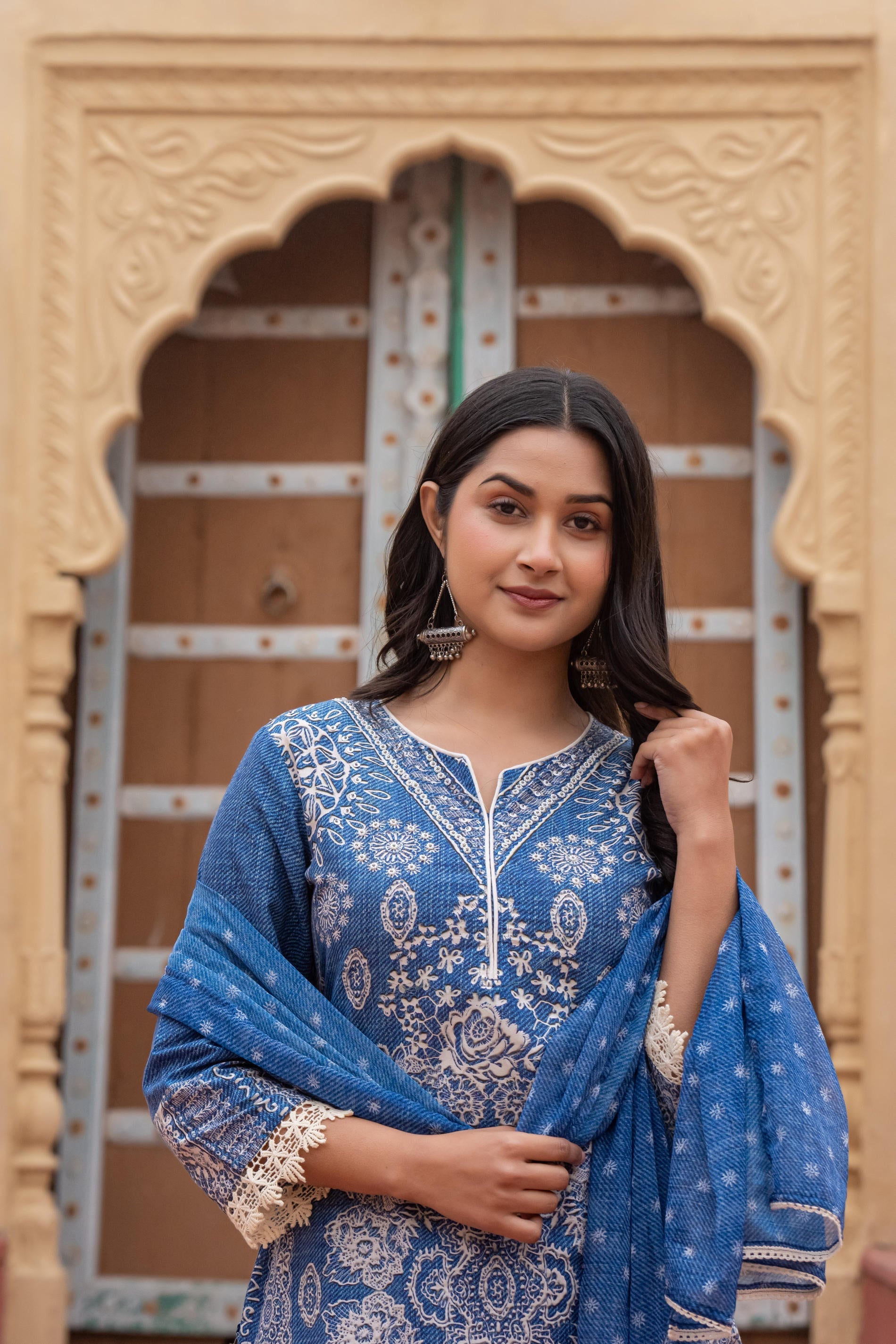 Juniper Indigo Blue Bloom Ethnic Print Straight Kurta Set With Dupatta - Distacart