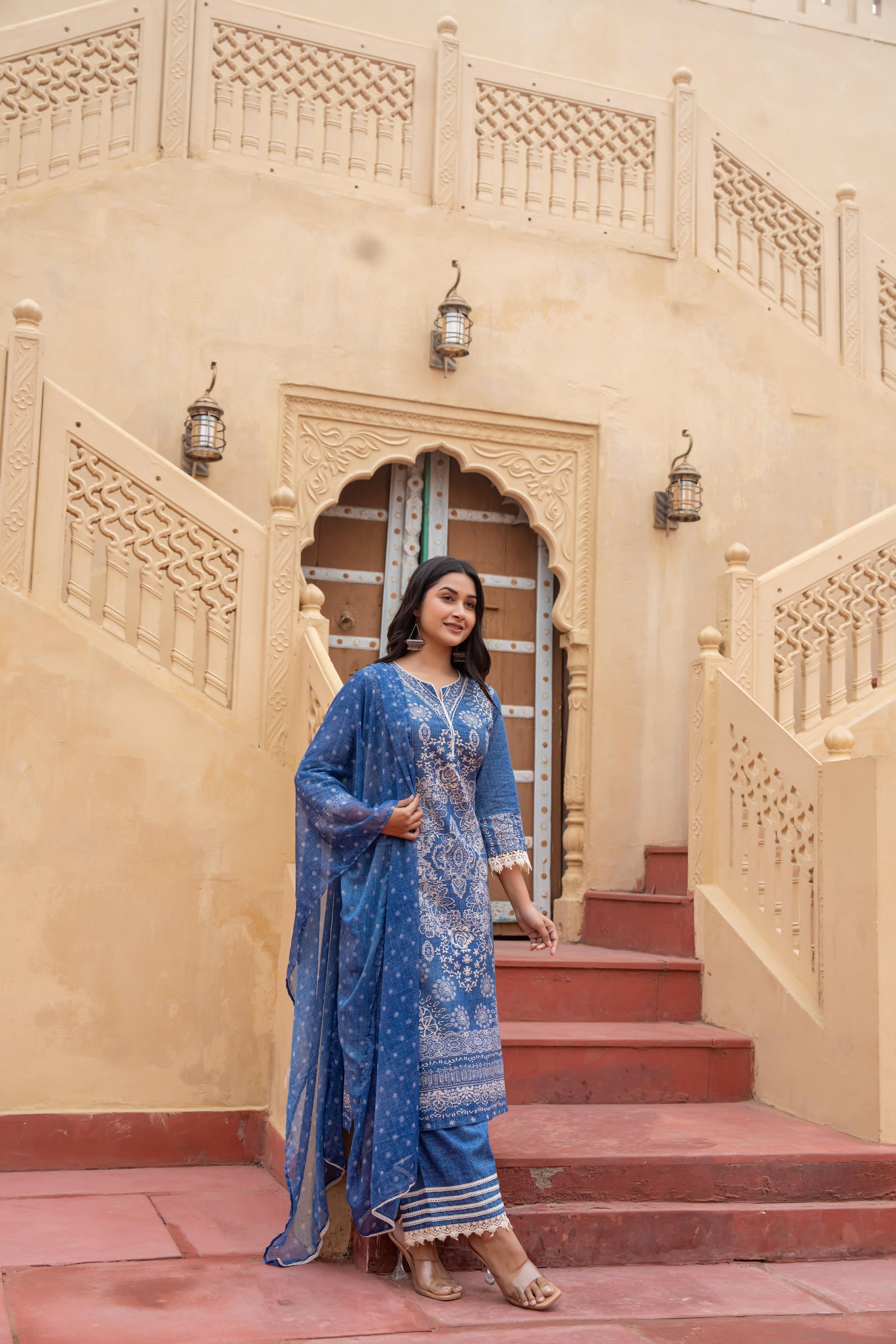 Juniper Indigo Blue Bloom Ethnic Print Straight Kurta Set With Dupatta - Distacart