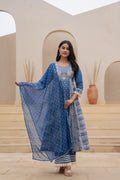 Juniper Indigo Blue Breeze Printed & Embroidered Anarkali Kurta Set With Dupatta - Distacart