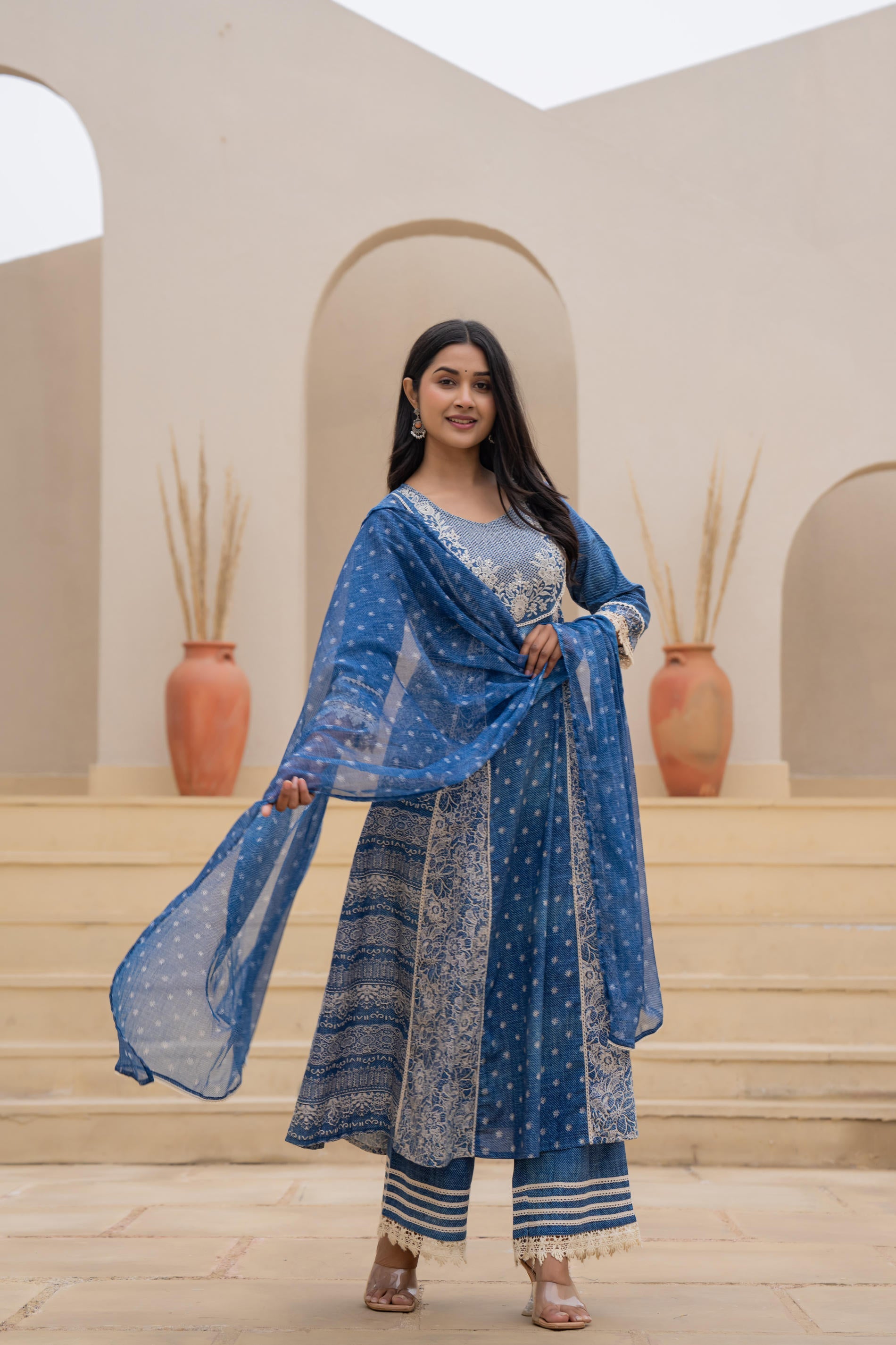 Juniper Indigo Blue Breeze Printed & Embroidered Anarkali Kurta Set With Dupatta - Distacart