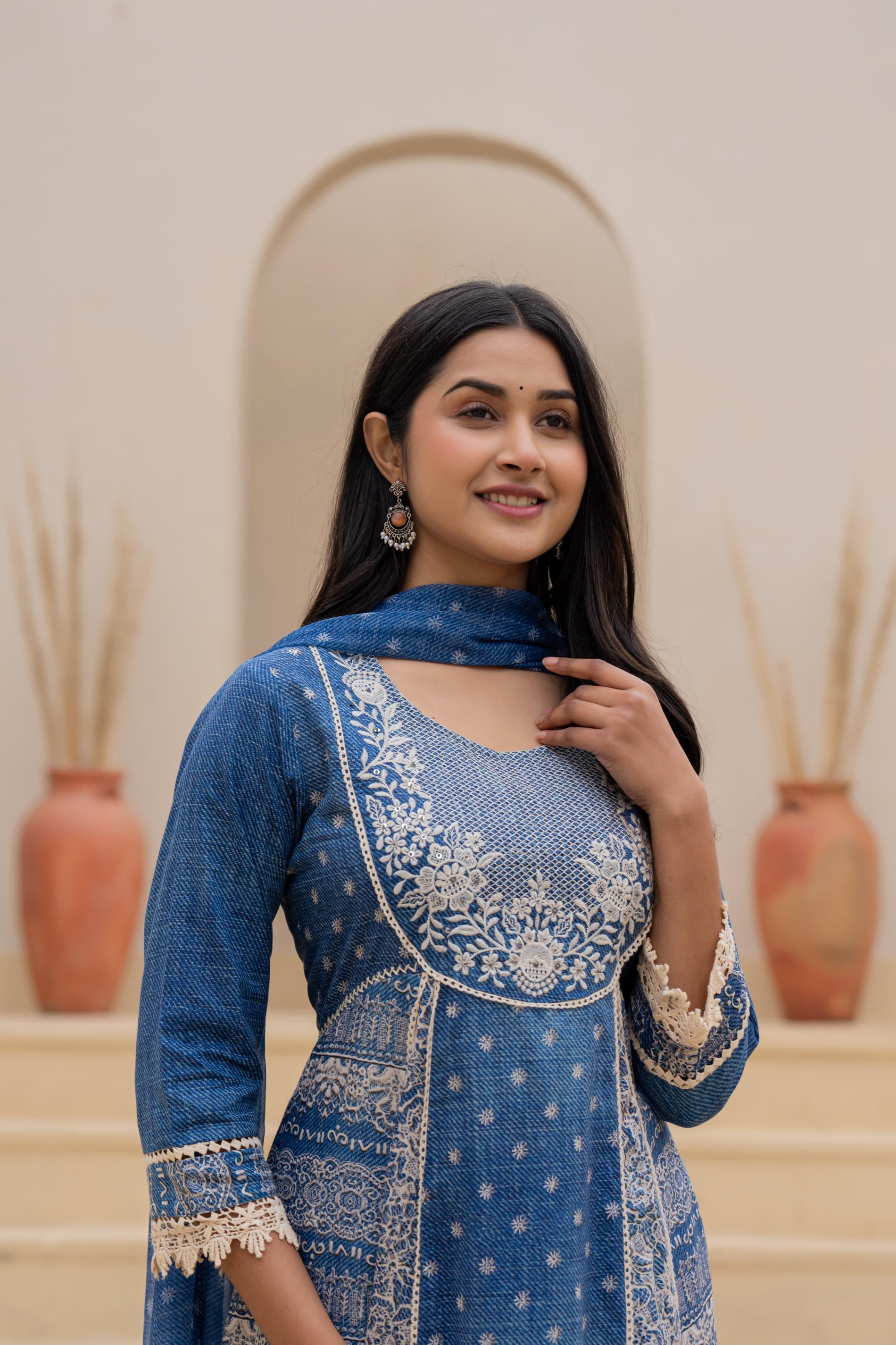 Juniper Indigo Blue Breeze Printed & Embroidered Anarkali Kurta Set With Dupatta - Distacart