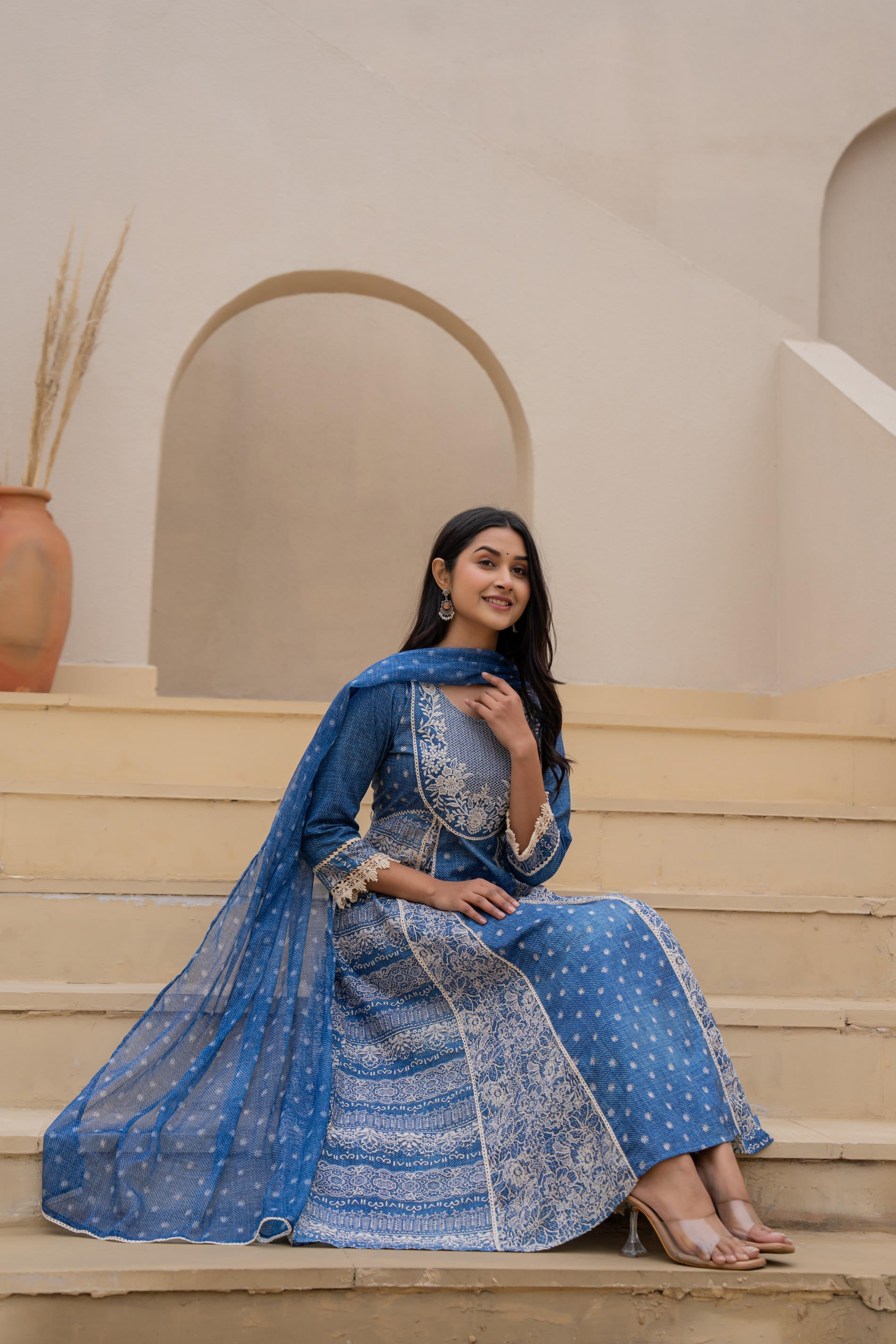 Juniper Indigo Blue Breeze Printed & Embroidered Anarkali Kurta Set With Dupatta - Distacart