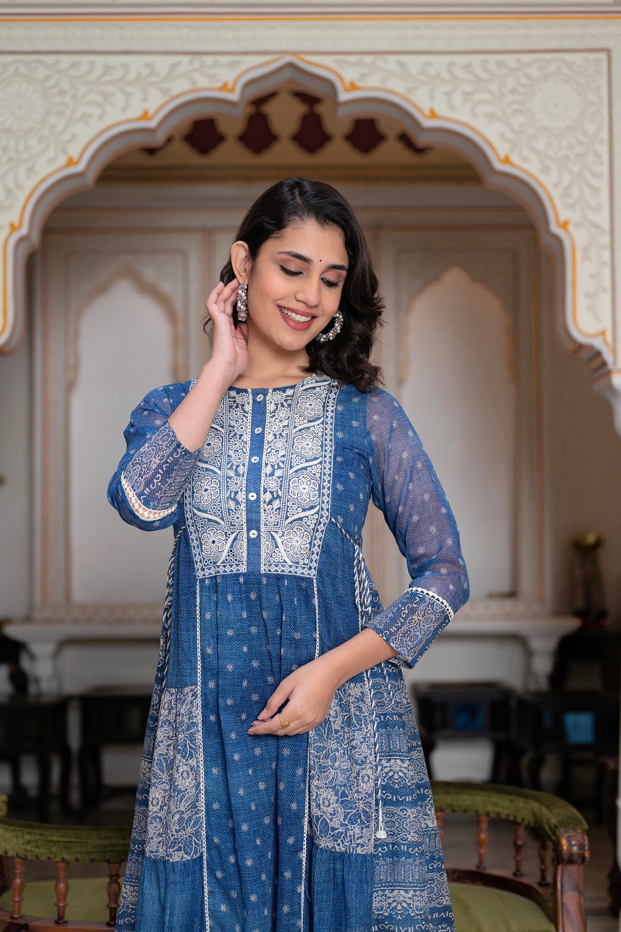 Juniper Blue Floral Embroidered Cotton Dress With Tassels & Denim Look - Distacart