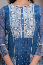 Juniper Blue Floral Embroidered Cotton Dress with Tassels & Denim Look - Distacart