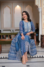 Juniper Blue Floral Embroidered Cotton Dress with Tassels & Denim Look - Distacart