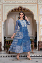 Juniper Blue Floral Embroidered Cotton Dress with Tassels & Denim Look - Distacart