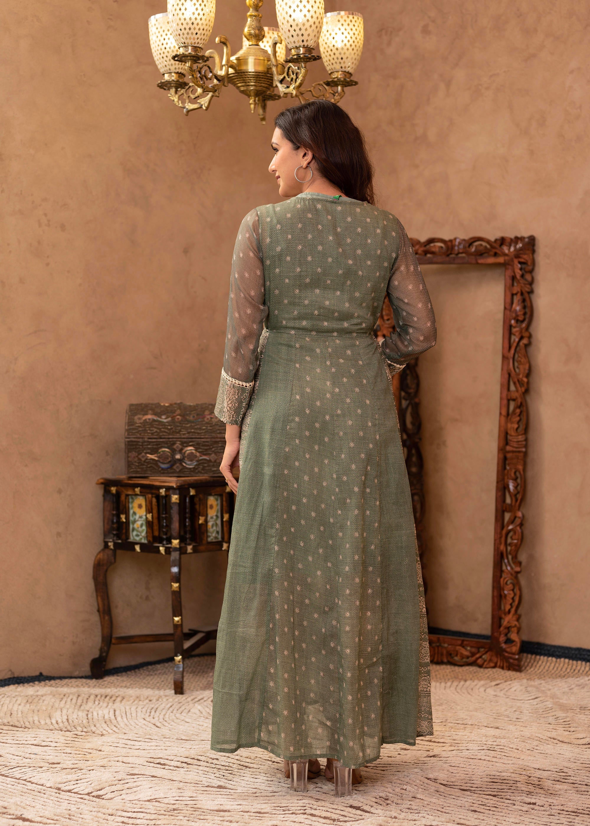 Juniper Green Floral Embroidered Cotton Dress with Tassels & Denim Look - Distacart