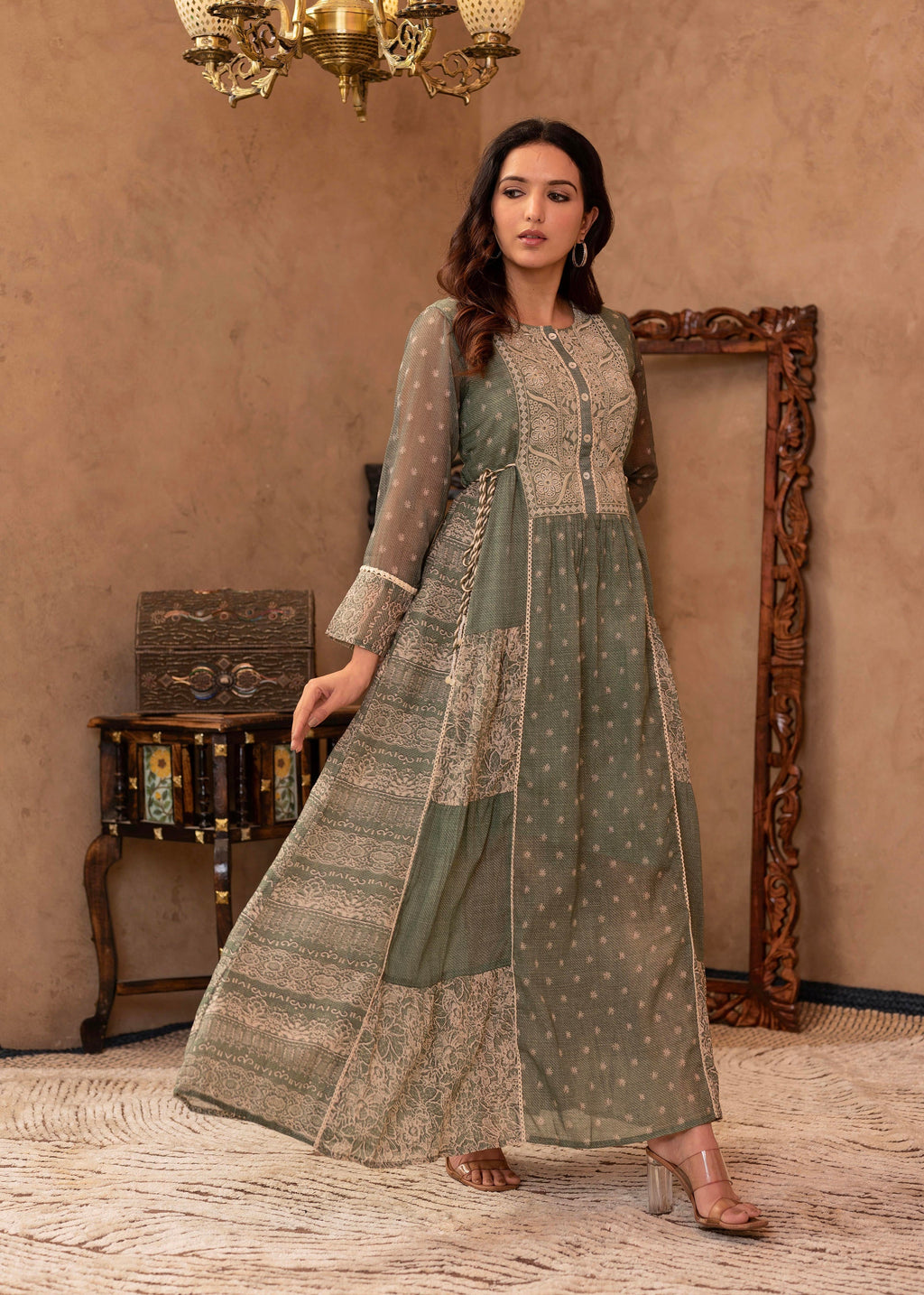 Juniper Green Floral Embroidered Cotton Dress with Tassels & Denim Look - Distacart
