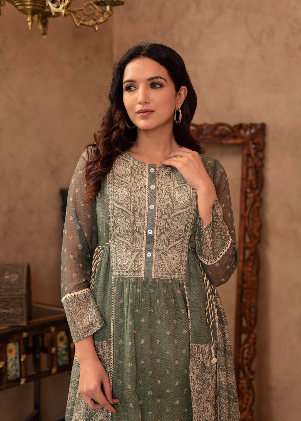 Juniper Green Floral Embroidered Cotton Dress with Tassels & Denim Look - Distacart