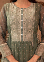 Juniper Green Floral Embroidered Cotton Dress with Tassels & Denim Look - Distacart