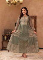 Juniper Green Floral Embroidered Cotton Dress with Tassels & Denim Look - Distacart