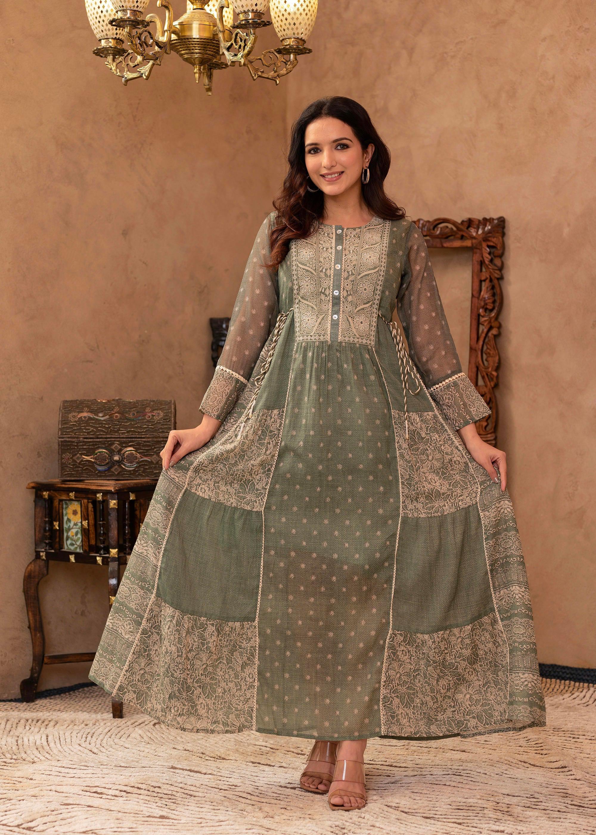 Juniper Green Floral Embroidered Cotton Dress with Tassels & Denim Look - Distacart