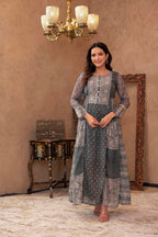 Juniper Grey Floral Embroidered Cotton Dress with Tassels & Denim Look - Distacart