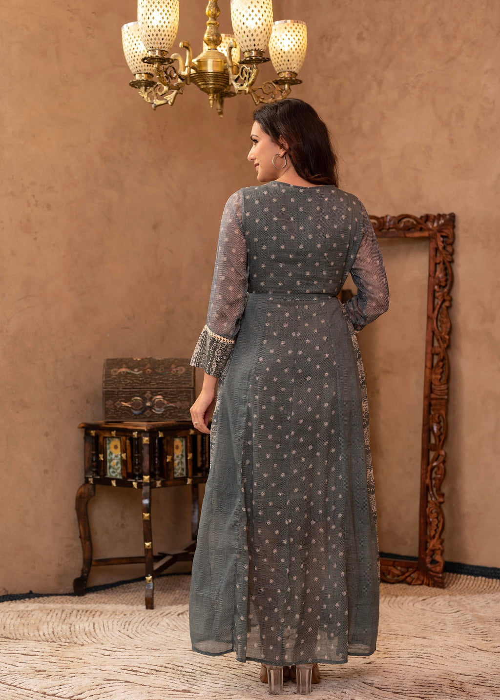 Juniper Grey Floral Embroidered Cotton Dress With Tassels & Denim Look - Distacart