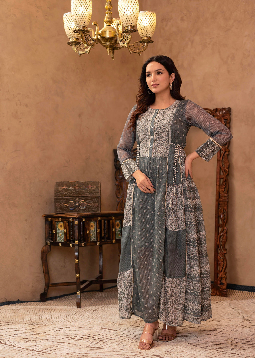 Juniper Grey Floral Embroidered Cotton Dress With Tassels & Denim Look - Distacart