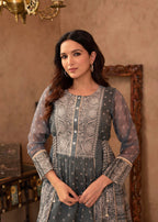 Juniper Grey Floral Embroidered Cotton Dress With Tassels & Denim Look - Distacart