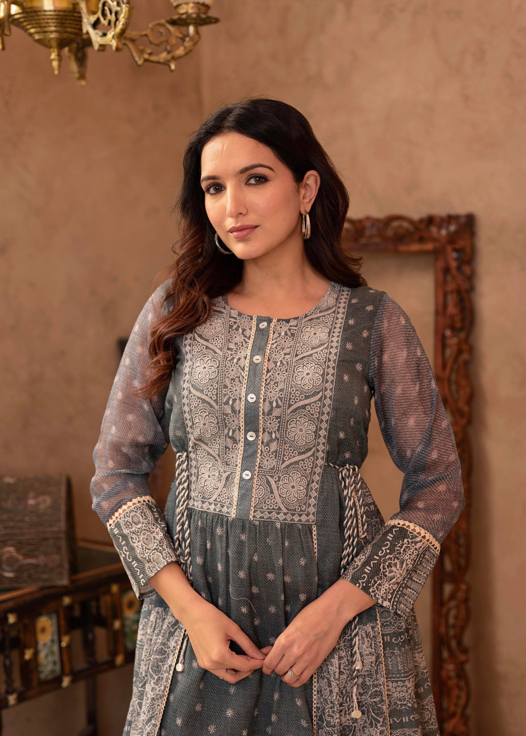 Juniper Grey Floral Embroidered Cotton Dress With Tassels & Denim Look - Distacart
