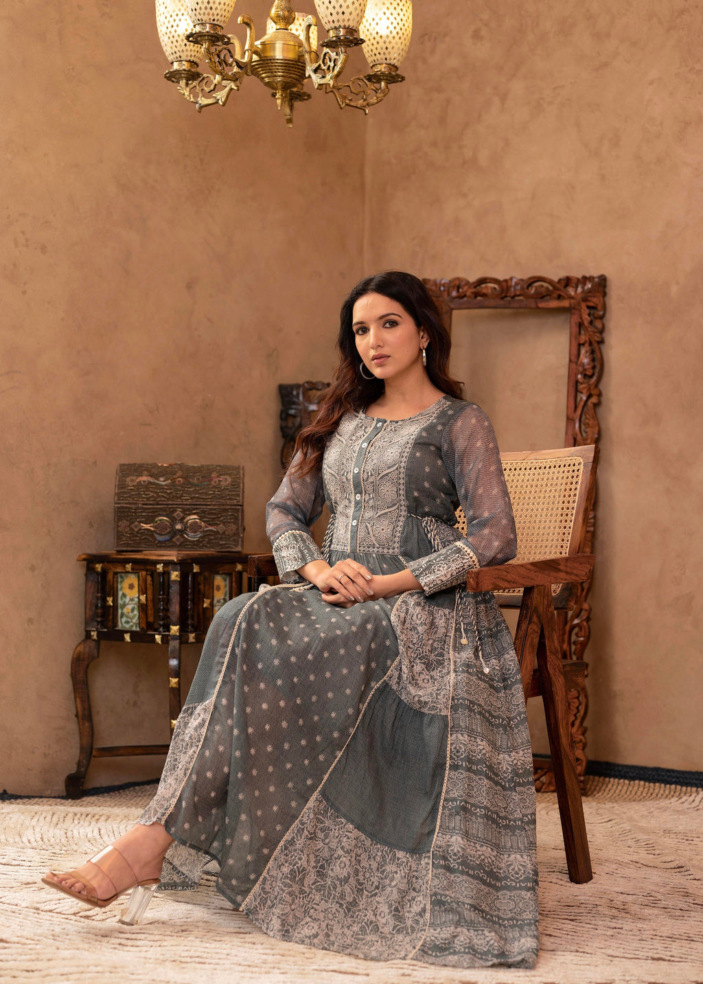 Juniper Grey Floral Embroidered Cotton Dress With Tassels & Denim Look - Distacart