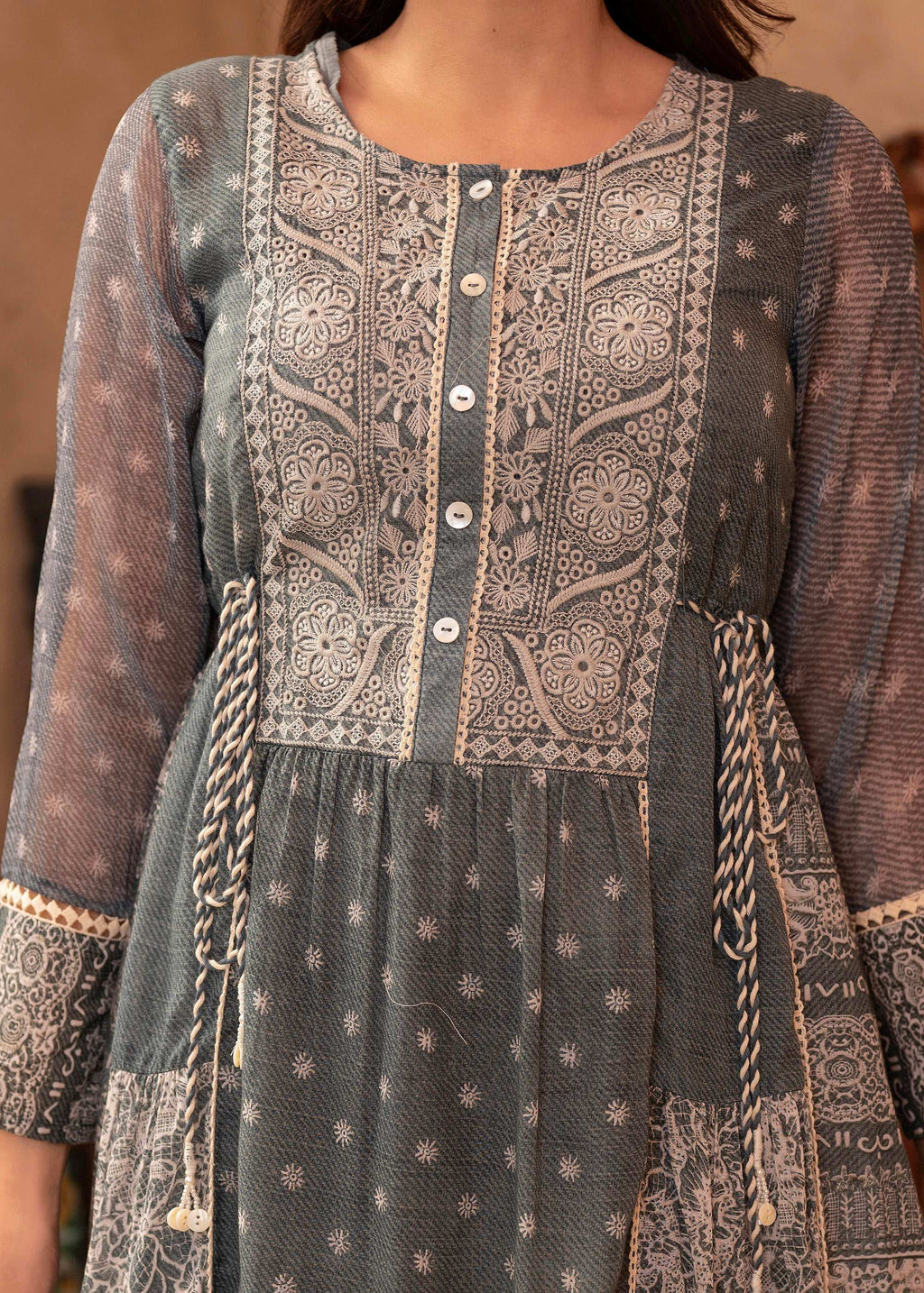 Juniper Grey Floral Embroidered Cotton Dress with Tassels & Denim Look - Distacart