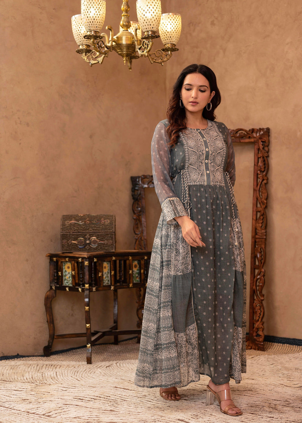 Juniper Grey Floral Embroidered Cotton Dress with Tassels & Denim Look - Distacart