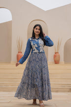 Juniper Indigo Blue Shirt-Style Dress with Off White Embroidery & Tiered Floral Maxi Skirt - Distacart