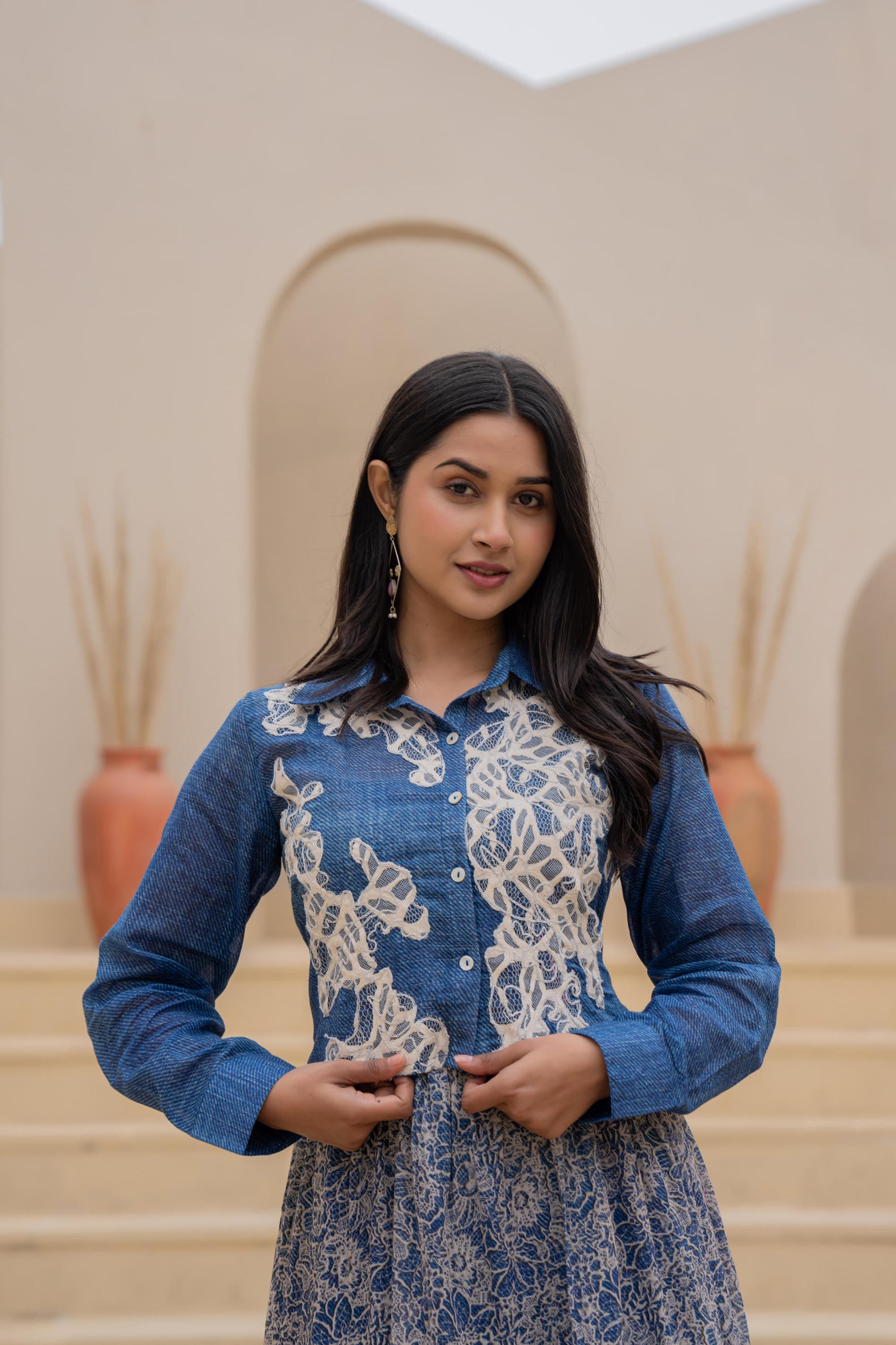 Juniper Indigo Blue Shirt-Style Dress with Off White Embroidery & Tiered Floral Maxi Skirt - Distacart