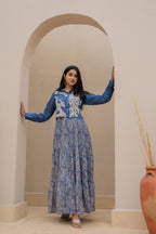 Juniper Indigo Blue Shirt-Style Dress with Off White Embroidery & Tiered Floral Maxi Skirt - Distacart