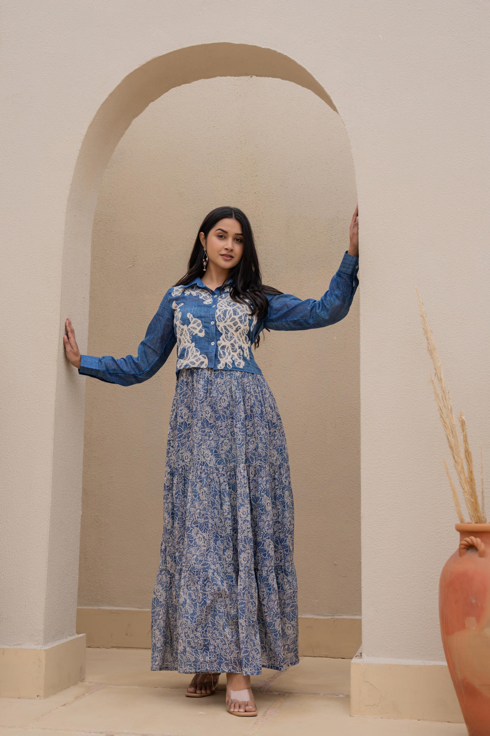 Juniper Indigo Blue Shirt-Style Dress with Off White Embroidery & Tiered Floral Maxi Skirt - Distacart